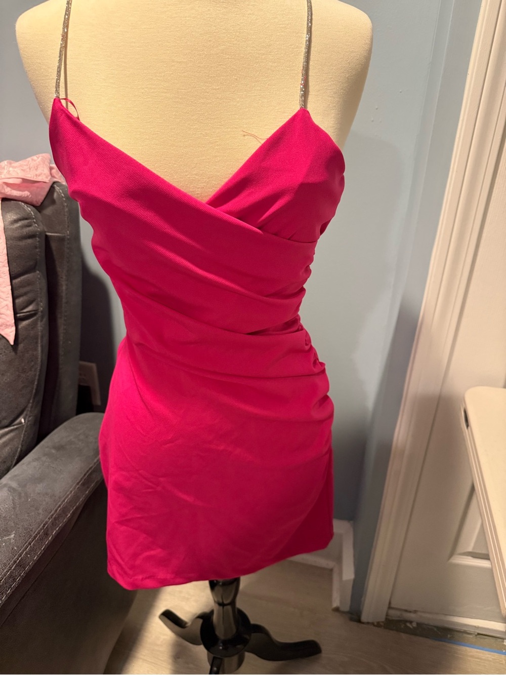 Zara Hot Pink Ruched Mini Slip Dress with Sparkle Straps